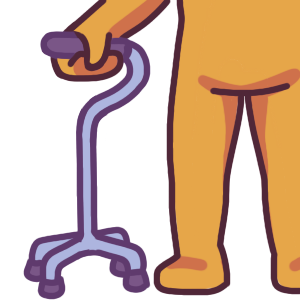 A person standing with their cane, which has an offset ergonomic handle and quad base.